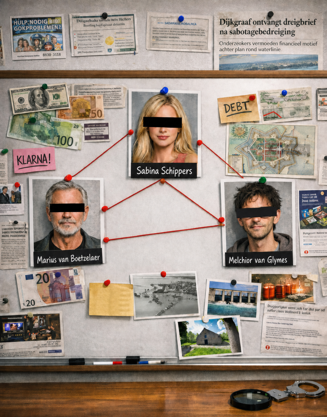 Onderzoeksbord met Sabina Schippers, Marius van Boetzelaer en Melchior van Glymes onder de foto's