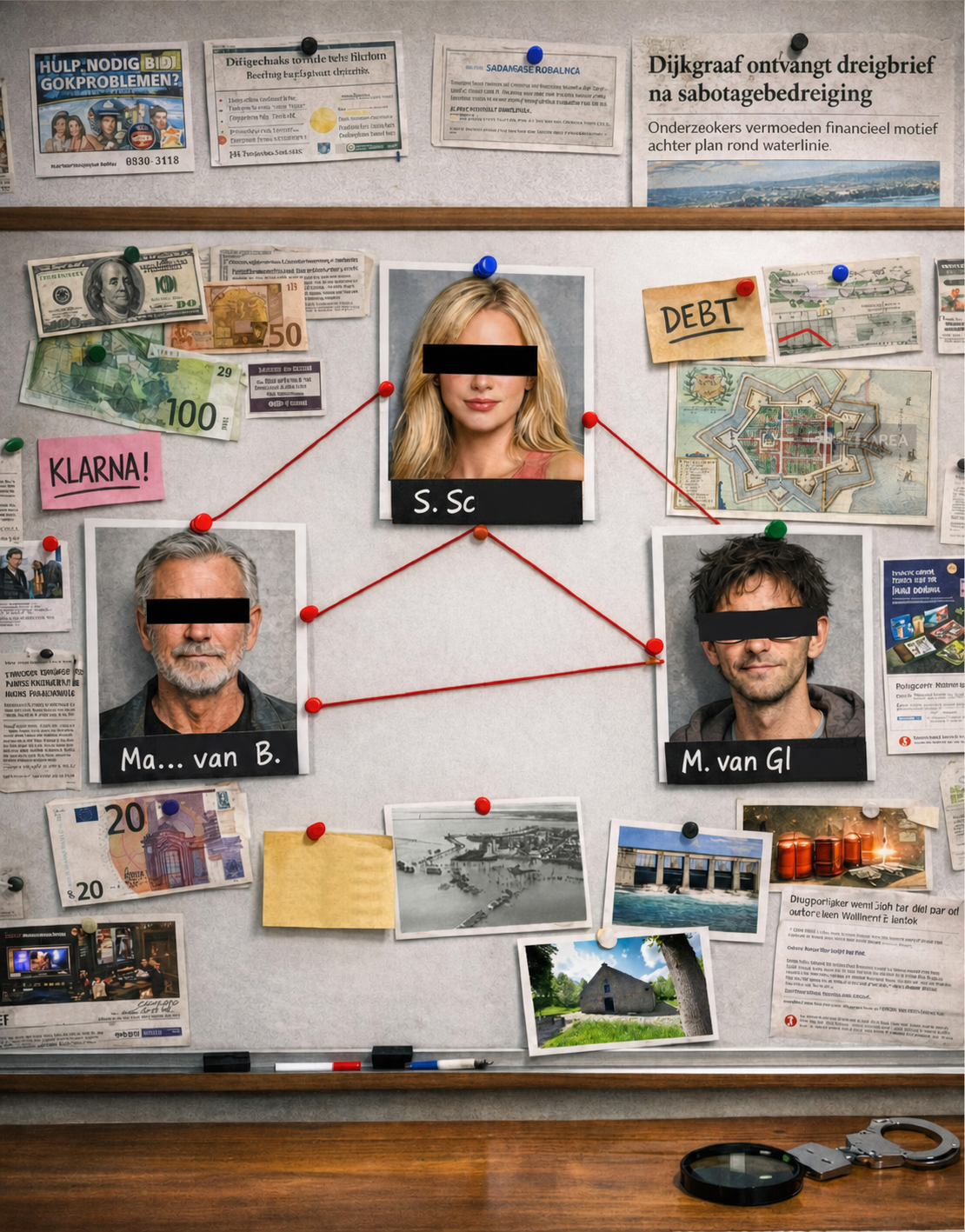 Onderzoeksbord met drie verdachten met een zwarte balk voor hun ogen